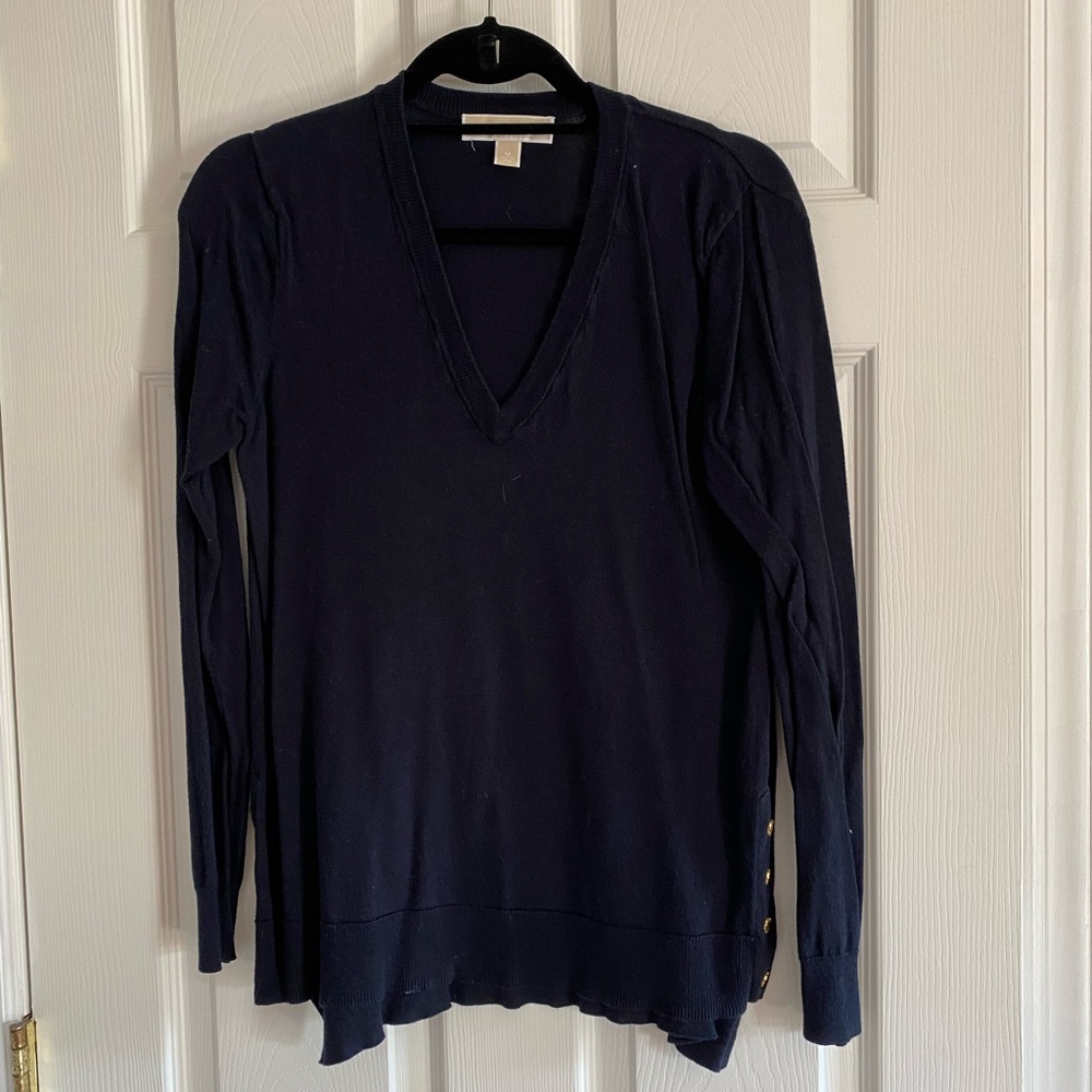 Womens navy sweater with gold buttons
